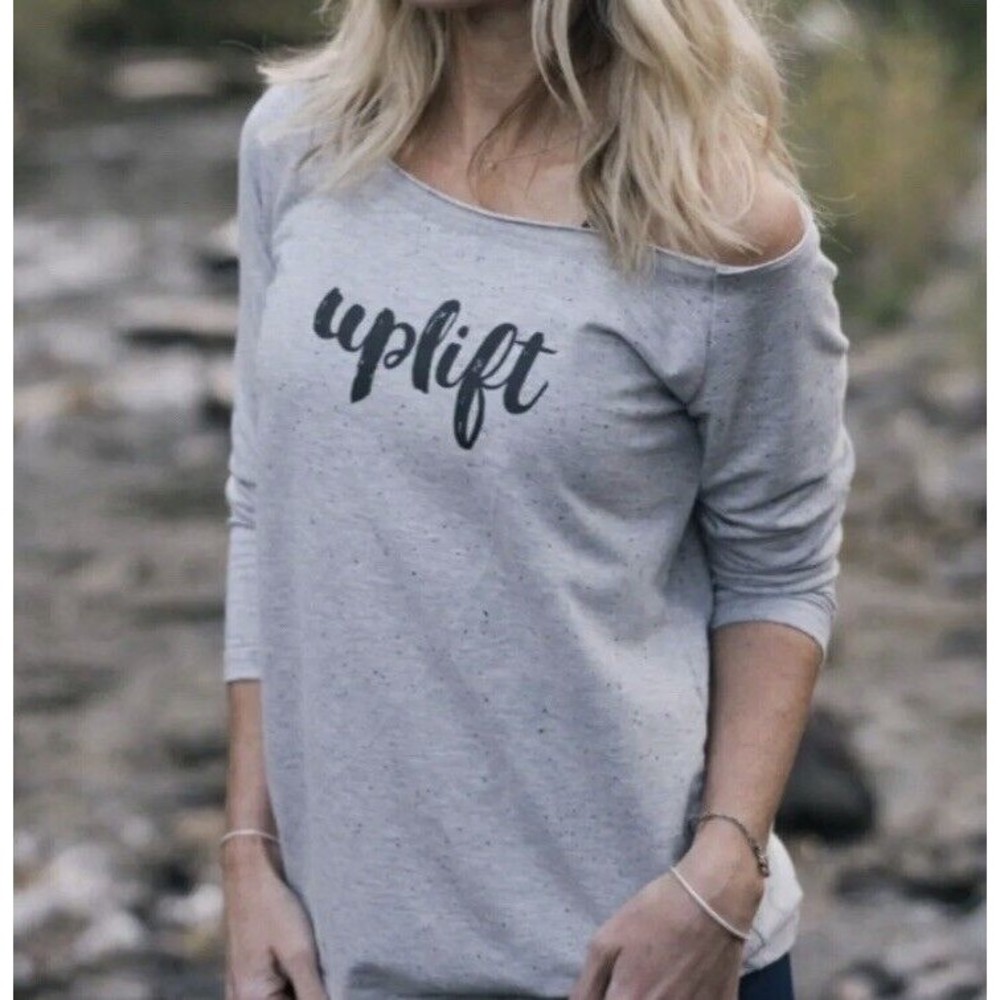 Zyia Active Womens Top Size S ? M ? Gray Speckle Spell Out UPLIFT Long Sleeve